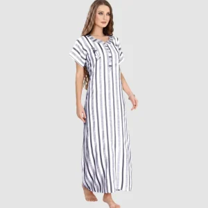 Buy 100% Rayon Embroidered Striped Long Nighty