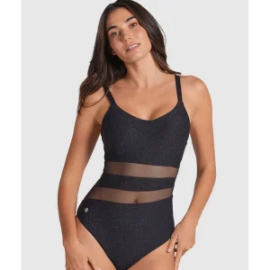 Buy Glittery Tummy Shaping One-Piece Swimsuit with Mesh Stripes