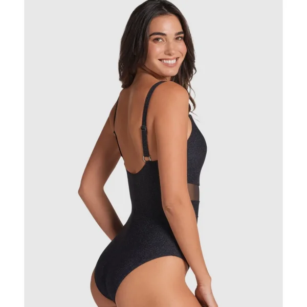 Buy Glittery Tummy Shaping One-Piece Swimsuit with Mesh Stripes