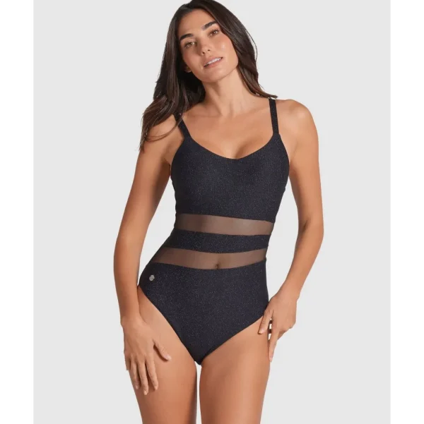 Buy Glittery Tummy Shaping One-Piece Swimsuit with Mesh Stripes