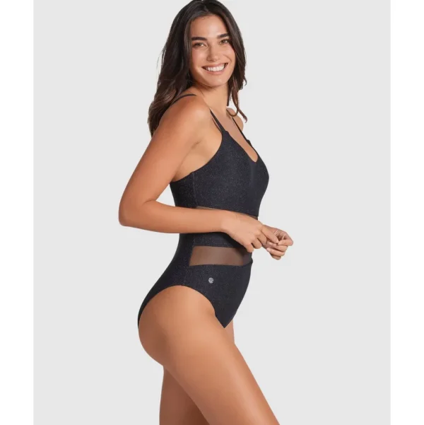 Buy Glittery Tummy Shaping One-Piece Swimsuit with Mesh Stripes