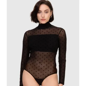 Buy High Neck Sheer Polkadot Long Sleeve Bodysuit