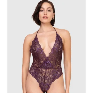 Buy Lace High Leg Halter Lingerie Bodysuit-Plum