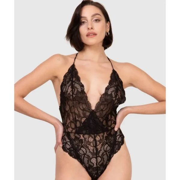 Buy Lace High Leg Halter Lingerie Bodysuit-Black