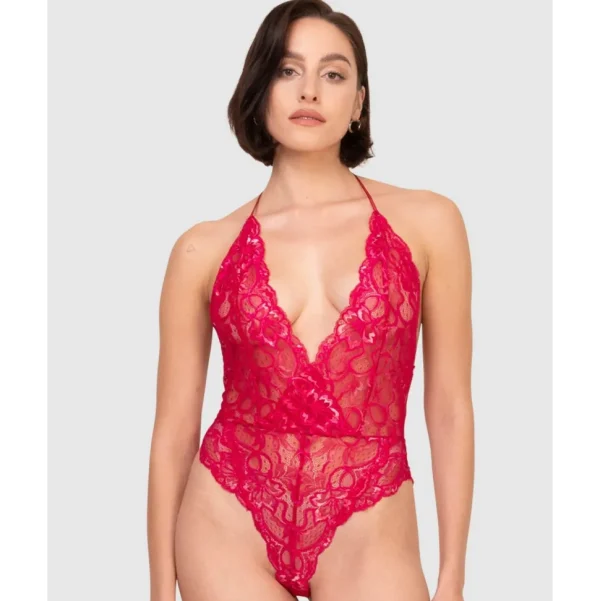 Buy Lace High Leg Halter Lingerie Bodysuit-Ruby