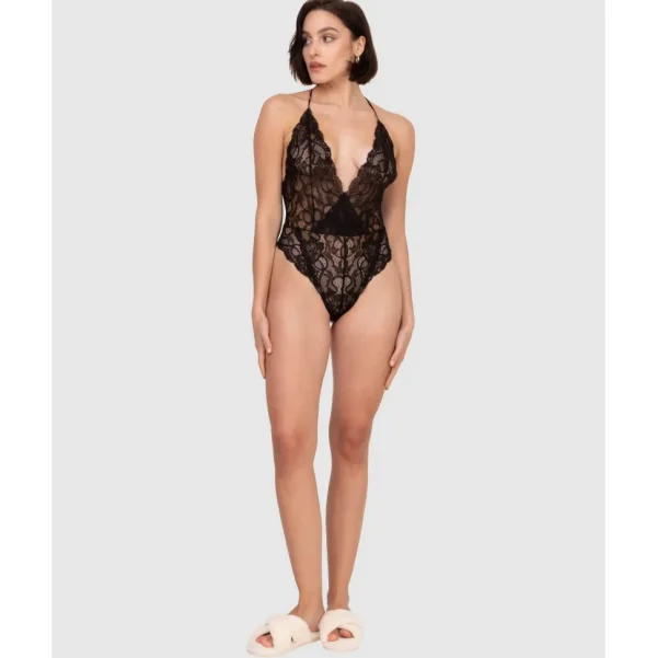 Buy Lace High Leg Halter Lingerie Bodysuit-Black