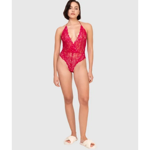 Buy Lace High Leg Halter Lingerie Bodysuit-Ruby