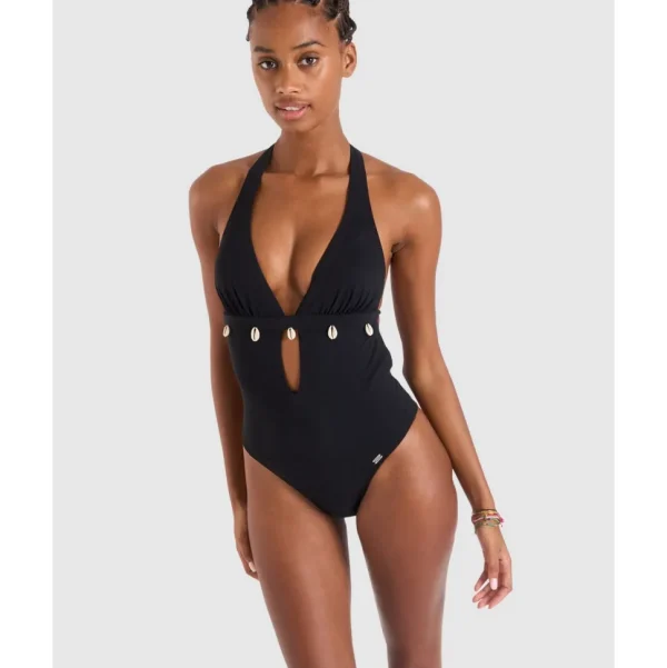 Buy Shellina Low Back One-Piece Halter Swimsuit with Shells