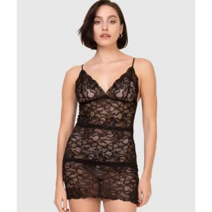 Buy Spaghetti Strap Short Sheer Lace Chemise-Black