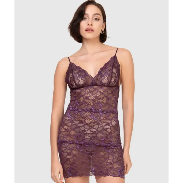 Buy Spaghetti Strap Short Sheer Lace Chemise-Plum