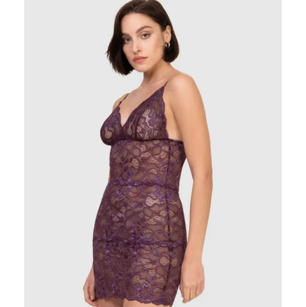 Buy Spaghetti Strap Short Sheer Lace Chemise-Plum