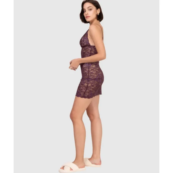 Buy Spaghetti Strap Short Sheer Lace Chemise-Plum