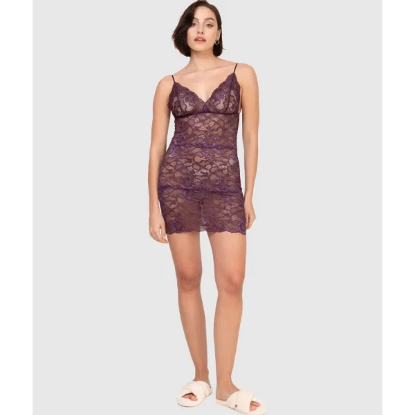 Buy Spaghetti Strap Short Sheer Lace Chemise-Plum